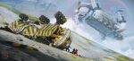  2others aircraft arm_support artist_logo cloud commentary cracked_glass cross dated dofresh english_commentary english_text flying highres multiple_others original outdoors planet red_cross scenery science_fiction spacesuit vtol winch wreckage 