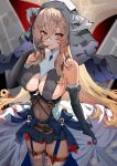  1girl absurdres artist_name azur_lane bare_shoulders black_dress black_garter_straps black_gloves blonde_hair breasts covered_navel cowboy_shot dress elbow_gloves garter_straps gloves hair_between_eyes highres implacable_(azur_lane) kiema large_breasts long_hair looking_at_viewer red_eyes see-through solo two-tone_dress very_long_hair white_dress 
