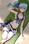  1girl :o beach_towel belt bikini_under_shorts blue_eyes blue_hair bracelet breasts collarbone highres hololive hoshimachi_suisei jewelry looking_at_viewer lying navel on_back open_fly open_mouth pukara short_shorts shorts side_ponytail small_breasts solo stomach thigh_strap thighs towel virtual_youtuber white_belt 
