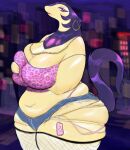  2022 animal_print anthro bakazwei beauty_mark belly big_belly big_breasts bottomwear breasts cleavage clothed clothing crop_top cutoffs denim denim_clothing digital_drawing_(artwork) digital_media_(artwork) ear_piercing ear_ring eyeshadow female generation_2_pokemon hi_res hisuian_form hisuian_typhlosion hotpants huge_thighs jewelry leopard_print lipstick looking_at_viewer makeup mature_female midriff navel necklace nintendo overweight overweight_female piercing pokemon pokemon_(species) red_eyes regional_form_(pokemon) ring_piercing sex_toy shirt shorts solo thick_thighs topwear typhlosion vibrator 