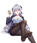  1girl black_jacket black_pantyhose black_skirt blush breasts bronya_zaychik bronya_zaychik_(silverwing:_n-ex) can cleavage crossed_bangs drill_hair feet foot_focus foot_out_of_frame grey_eyes grey_hair grey_sweater hair_ribbon high_ponytail highres holding holding_can honkai_(series) honkai_impact_3rd id_card jacket large_breasts looking_at_viewer office_lady open_mouth pantyhose ribbon shenqi_xiao_hong_zai_nali simple_background skirt soles solo sweater sweater_tucked_in thighband_pantyhose twin_drills white_background 