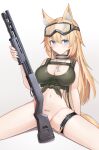  1girl absurdres animal_ears bare_arms bare_shoulders blonde_hair blue_eyes bottomless breasts choker chun_bae cleavage closed_mouth convenient_censoring crop_top front-tie_top frown girls&#039;_frontline goggles goggles_on_head green_shirt gun highres holding holding_gun holding_weapon jewelry large_breasts long_hair looking_at_viewer m500_(girls&#039;_frontline) mossberg_500 navel necklace pump_action shirt shotgun simple_background sitting sleeveless sleeveless_shirt solo stomach tank_top thigh_strap thighs v-shaped_eyebrows wariza weapon white_background 