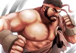  1boy abs bara bare_pectorals beard black_hair bulge clenched_hands clenched_teeth facial_hair fighting_stance frown headband kemokemumaki large_pectorals male_focus mature_male muscular muscular_male mustache nipples official_alternate_costume pectorals red_headband ryu_(street_fighter) sash short_hair solo street_fighter street_fighter_6 teeth thick_eyebrows upper_body 