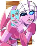  2023 absurd_res arcee autobot blue_eyes cellphone cybertronian dumbdelvon female hasbro hi_res humanoid machine metallic_body not_furry one_eye_closed phone pink_body robot robot_humanoid selfie solo takara_tomy tongue tongue_out transformers wink 