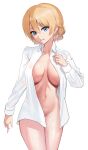  1girl absurdres blonde_hair blue_eyes braid breasts collarbone darjeeling_(girls_und_panzer) french_braid girls_und_panzer highres large_breasts lazurite_(user_8870367) long_sleeves looking_at_viewer medium_hair navel open_clothes open_shirt parted_lips shirt simple_background solo white_background white_shirt 