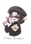  1girl black_hair black_headwear black_sweater cake commentary_request fangs food fork happy_birthday heart highres holding holding_fork holding_plate inkling inkling_girl mina_p multicolored_hair one_eye_closed open_mouth plate pointy_ears purple_eyes short_hair simple_background solo splatoon_(series) sweater two-tone_hair upper_body white_background white_hair 
