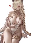  1girl asymmetrical_bangs azur_lane blonde_hair blush braid breasts cleavage collarbone dark-skinned_female dark_skin duchessofarmeria earrings english_commentary feet fingernails gold_choker hair_over_one_eye hand_rest heart highres horns jewelry large_breasts long_bangs long_hair looking_at_viewer low_twin_braids mole mole_under_mouth official_alternate_costume one-piece_swimsuit one_eye_covered owari_(azur_lane) owari_(shimmering_forsythia)_(azur_lane) sandals shawl sitting skindentation smile solo swimsuit swimsuit_tug thigh_gap thighlet thighs twin_braids very_long_hair white_background white_footwear white_nails white_one-piece_swimsuit white_shawl white_swimsuit 