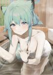  1girl absurdres animal_ears bathtub blue_archive breasts cleavage green_hair grey_eyes halo highres indoors leaning_forward looking_at_viewer medium_breasts naked_towel shigure_(blue_archive) smile solo syhan tail towel weasel_ears weasel_girl weasel_tail 