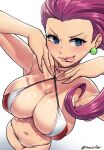  1girl artist_name bikini blue_eyes breasts dracksart earrings from_above highres jessie_(pokemon) jewelry large_breasts long_hair navel pokemon pokemon_(anime) purple_hair signature simple_background solo sphere_earrings swimsuit tongue tongue_out watermark white_background 