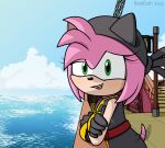  alternate_universe amy_rose anthro arm_support black_rose_(sonic) blush cel_shading clothed clothing crossed_arms day eulipotyphlan female hair hat headgear headwear hedgehog hi_res leaning leaning_forward leaning_on_elbow lidded_eyes looking_at_viewer mammal netflix open_mouth pink_body pirate railing realdash sea sega shaded ship smile solo sonic_prime sonic_the_hedgehog_(series) tail tail_motion tailwag tan_arms vehicle water watercraft 