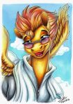  absurd_res blonde_hair clothing cloud equid equine eyewear female friendship_is_magic fur hair hasbro hi_res lupiarts mammal multicolored_hair my_little_pony open_mouth open_smile orange_hair pegasus portrait smile spitfire_(mlp) sunglasses towel track_jacket two_tone_hair wings wonderbolts_(mlp) yellow_body yellow_fur 