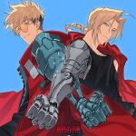  2boys ahoge black_shirt blonde_hair blue_background blue_eyes braid clenched_hand coat earrings edward_elric fullmetal_alchemist furrowed_brow highres jacket jewelry male_focus multiple_boys natsushio_(x2i2a) prosthesis prosthetic_arm red_coat red_jacket round_eyewear shirt short_hair simple_background single_braid single_earring smile sunglasses tank_top trigun trigun_stampede twitter_username undercut vash_the_stampede yellow_eyes 