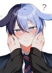  2boys ? animal_ears aoyagi_touya blue_hair blush closed_mouth commentary dark_blue_hair diagonal-striped_necktie grey_eyes hair_between_eyes hands_on_another&#039;s_face highres kamiyama_high_school_uniform_(project_sekai) long_sleeves looking_at_viewer male_focus mole mole_under_eye momiji_11_12 multicolored_hair multiple_boys necktie out_of_frame project_sekai rabbit_ears school_uniform shinonome_akito short_hair simple_background split-color_hair symbol-only_commentary two-tone_hair white_background 
