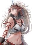  1girl absurdres amam_(64943468) arknights bare_shoulders blue_eyes breasts brown_hair cleavage collar commentary_request crop_top fake_horns fur_trim groin hair_between_eyes highres horns kirin_x_yato_(arknights) large_breasts long_hair midriff mole mole_under_eye monster_hunter_(series) navel pointy_ears rope simple_background smile solo stomach upper_body white_background yato_(arknights) 