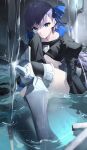  1girl absurdres armored_boots black_jacket blue_eyes blue_ribbon blush boots breasts cropped_jacket crotch_plate fate/extra fate/extra_ccc fate_(series) hair_ribbon herigaru_(fvgyvr000) highres jacket long_hair long_sleeves looking_at_viewer meltryllis_(fate) navel prosthesis prosthetic_leg purple_hair ribbon sitting sleeves_past_fingers sleeves_past_wrists small_breasts solo very_long_hair water 