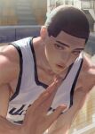  1boy basketball_court basketball_uniform black_hair brown_eyes character_request copyright_request hand_up jnkku looking_to_the_side male_focus parted_lips solo sportswear upper_body 