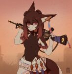  anthro canid canine clothing female fox gun hi_res mammal orang111 ranged_weapon red_eyes rifle rifle_sling rumi_(woolgather) runes simple_background solo weapon 
