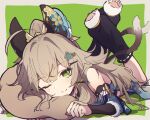  1girl absurdres ahoge animal_ears black_leg_warmers blue_kimono border cat_ears cat_feet cat_girl cat_tail commentary detached_sleeves ear_covers feet_up full_body genshin_impact green_background green_eyes hair_ornament hairclip highres itecsan927 japanese_clothes kimono kirara_(genshin_impact) leg_warmers light_brown_hair looking_at_viewer lying multiple_tails on_stomach one_eye_closed pillow ponytail simple_background smile solo tail two_tails x_hair_ornament 