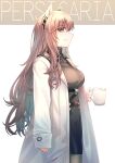  1girl animal_ears black_skirt breasts cat_ears character_name coffee_mug cowboy_shot cup from_side girls&#039;_frontline girls&#039;_frontline_neural_cloud highres holding holding_cup lab_coat large_breasts long_hair long_sleeves mug pantyhose persicaria_(neural_cloud) pink_hair profile red_eyes ribbed_sweater senpaihawkkun simple_background skirt sleeves_past_wrists smile solo sweater turtleneck turtleneck_sweater white_background 