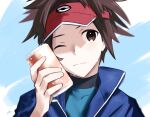  1boy blue_jacket bodysuit bodysuit_under_clothes brown_eyes brown_hair can closed_mouth commentary_request haisato_(ddclown14) hand_up holding holding_can jacket male_focus nate_(pokemon) one_eye_closed poke_ball_print pokemon pokemon_(game) pokemon_bw2 red_headwear short_hair signature solo upper_body visor_cap 