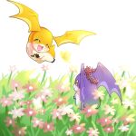  closed_eyes digimon flower grass happy head_wings head_wreath looking_at_another no_humans open_mouth patamon pink_flower red_flower smile tukaimon user_ypsa7348 wings 