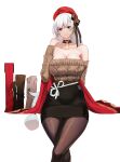  1girl absurdres aran_sweater azur_lane bare_shoulders belfast_(azur_lane) belfast_(shopping_with_the_head_maid)_(azur_lane) beret black_bow black_choker black_skirt bow breasts brown_pantyhose brown_sweater cable_knit choker cleavage collarbone commentary_request earrings feet_out_of_frame h0shiidesu hair_bow hand_up hat highres jewelry large_breasts long_hair long_sleeves looking_at_viewer off-shoulder_sweater off_shoulder pantyhose pencil_skirt purple_eyes red_headwear simple_background skirt smile solo sweater thighs very_long_hair white_background white_hair 