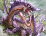  absurdres chameleos claws dragon full_body highres long_tongue looking_at_viewer monster monster_hunter_(series) no_humans outdoors purple_scales rain scales sharp_teeth solo sumosamo tail teeth tongue tongue_out wings yellow_eyes 