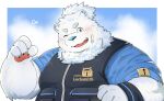  2023 absurd_res anthro blush cai_yuwang canid canine canis clothing domestic_dog fur hi_res kemono lifewonders live_a_hero male mammal one_eye_closed overweight overweight_male portrait shirt simple_background solo topwear white_body white_fur wink yohack 