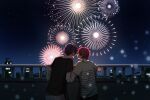  2boys commentary_request cowboy_shot fireworks hand_on_railing headgear kuboyasu_aren male_focus multiple_boys outdoors pink_hair purple_hair saiki_kusuo saiki_kusuo_no_psi_nan short_hair short_sleeves unkopantu yaoi 