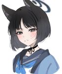  1girl animal_ears black_eyes black_hair black_sailor_collar blue_archive blue_neckerchief blush cat_ears collarbone eyeshadow haori japanese_clothes kikyou_(blue_archive) looking_at_viewer makeup neckerchief open_mouth paragasu_(parags112) portrait red_eyeshadow sailor_collar short_hair simple_background solo white_background 