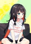  !? 1girl black_hair black_shorts blue_eyes blush colored_inner_hair couch english_text fruit_background highres long_hair milestone_celebration multicolored_background multicolored_hair open_mouth original pink_pupils red_hair sakura_mikan_(chirizakura) shirt short_shorts shorts sitting solo sweatdrop t-shirt two-tone_hair very_long_hair white_shirt 