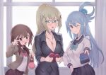  3girls :d ;) alternate_costume aqua_(konosuba) aqua_bow aqua_bowtie black_collar black_sailor_collar black_shirt black_skirt blonde_hair blue_hair blush bow bowtie box braid breasts brown_cardigan brown_hair cardigan cleavage closed_mouth collar collarbone darkness_(konosuba) dress_shirt gift gift_box glasses green_eyes hair_ornament high_ponytail holding holding_box jewelry kono_subarashii_sekai_ni_shukufuku_wo! large_breasts long_hair long_sleeves looking_at_viewer megumin multiple_girls one_eye_closed open_cardigan open_clothes open_mouth pencil_skirt pendant pleated_skirt purple_eyes red_eyes sailor_collar sailor_shirt school_uniform seidenki6 shirt short_hair_with_long_locks single_braid skirt smile standing v-shaped_eyebrows v_over_eye very_long_hair white_shirt x_hair_ornament 