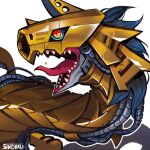  1other artist_name blue_hair cable digimon digimon_(creature) horns long_hair metalseadramon no_humans open_mouth orange_eyes portrait robot sea_serpent sharp_teeth simple_background sinobali solo teeth tongue white_background yellow_eyes 