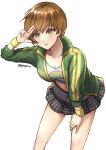  1girl artist_name breasts brown_eyes brown_hair cleavage green_jacket hand_on_own_leg jacket leaning_forward looking_at_viewer midriff navel persona persona_4 pleated_skirt pppppknw salute satonaka_chie school_uniform short_hair skirt small_breasts smile solo two-finger_salute white_background yasogami_school_uniform 