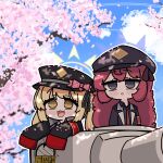  2girls armband blonde_hair blue_archive cherry_blossoms chibi halo hanami hat highres ibuki_(blue_archive) iroha_(blue_archive) jn_7_3 military military_hat military_uniform military_vehicle motor_vehicle multiple_girls necktie red_hair sky sleeves_past_wrists tank tree uniform 