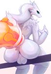  absurd_res anthro anus balls blue_eyes claws dragon fingers fur generation_5_pokemon genitals hi_res legendary_pokemon looking_at_viewer male nintendo plive pokemon pokemon_(species) rear_view reptile reshiram scalie simple_background sitting solo white_body white_fur 