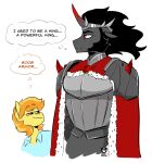  anthro anthrofied armor black_hair braeburn_(mlp) cape clothing earth_pony english_text equid equine eyebrow_through_hair eyebrows fangs friendship_is_magic fur grey_body grey_fur hair hasbro hi_res horn horse king_sombra_(mlp) male mammal my_little_pony pony red_eyes redxbacon simple_background teeth text thought_bubble translucent translucent_hair umbrum white_background 