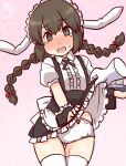  1girl @_@ alternate_costume animal_ears apron artist_logo black_hairband blush braid brown_eyes brown_hair center_frills clothes_lift cosplay disembodied_limb droopy_ears embarrassed fake_animal_ears fleur_de_lapin_uniform floppy_ears frilled_apron frilled_cuffs frilled_hairband frilled_shirt frills gradient_background hairband isonami_(kancolle) kanon_(kurogane_knights) kantai_collection kirima_syaro kirima_syaro_(cosplay) lolita_hairband long_hair nose_blush one-hour_drawing_challenge open_mouth panties pink_background puffy_short_sleeves puffy_sleeves rabbit_ears shirt short_sleeves skirt skirt_lift trembling twin_braids underbust underwear waist_apron waitress white_apron white_panties wrist_cuffs 
