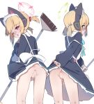  2girls alternate_costume animal_ear_headphones animal_ears anus apron aqua_ribbon ass black_dress blonde_hair blue_archive blue_bow blush bow broom cat_ear_headphones censored clothes_lift commentary dress enmaided fake_animal_ears from_behind hair_bow halo headphones highres holding holding_broom intertwined_tails keyfanjun lifted_by_self looking_at_viewer maid maid_apron maid_headdress midori_(blue_archive) midori_(maid)_(blue_archive) momoi_(blue_archive) momoi_(maid)_(blue_archive) mosaic_censoring multiple_girls neck_ribbon nose_blush one_eye_closed profile pussy pussy_juice pussy_juice_trail red_bow ribbon short_hair short_twintails siblings sisters skirt skirt_lift tongue tongue_out twins twintails 