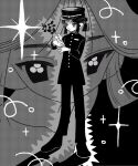  1boy blunt_ends buttoned_cuffs buttons closed_mouth full_body fuminooco gakuran gakuseibou greyscale halftone hat highres holding_vase jacket long_sleeves male_focus medium_hair monochrome multiple_views original pants peaked_cap ponytail school_uniform screentones shoes sidelocks sparkle standing uniform 