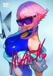  1girl bare_shoulders blue_eyes breasts dougi highres hime_cut large_breasts looking_at_viewer maebiel manon_(street_fighter) off_shoulder pink_hair purple-tinted_eyewear short_hair sidelocks skin_tight solo spandex street_fighter street_fighter_6 sunglasses tinted_eyewear 