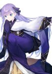  1girl blue_eyes blue_ribbon blush breasts coffeekite fate/extra fate/extra_ccc fate/grand_order fate_(series) folding_fan hair_ribbon hand_fan highres japanese_clothes kimono long_hair long_sleeves looking_at_viewer meltryllis_(fate) purple_hair ribbon sleeves_past_fingers sleeves_past_wrists small_breasts solo squatting very_long_hair 