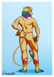  absurd_res anal anthro anus big_butt border butt chronos_artes clothing digital_media_(artwork) feet felid foot_fetish footwear fur gradient_background hi_res hindpaw human human_on_anthro interspecies leg_markings lgbt_pride line_art lion male male/male mammal mane markings muscular pantherine paws pride_colors purple_eyes simple_background smile socks socks_(marking) solo strongarm_(character) tail tail_motion tail_tuft thick_thighs thong tuft underwear white_border yellow_body yellow_tail 