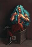  1boy black_background blue_hair box dreadlocks full_body heat_(one_piece) long_hair looking_at_viewer lordofthepies male_focus one_piece open_mouth sitting sitting_on_box solo 