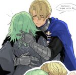  1boy 1girl blonde_hair byleth_(female)_(fire_emblem) byleth_(fire_emblem) cape closed_eyes dimitri_alexandre_blaiddyd english_commentary english_text enlightened_byleth_(female) fire_emblem fire_emblem:_three_houses flying_sweatdrops garreg_mach_monastery_uniform gauntlets green_cape green_hair hair_between_eyes hetero hug multiple_views neekosiah simple_background white_background 