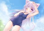  1girl animal_ears arm_up armpits ass_visible_through_thighs blue_one-piece_swimsuit blush breasts cat_ears cat_girl cat_tail cloud grey_hair hand_on_own_chest hand_on_own_chin long_hair mochizuki_riku one-piece_swimsuit one_eye_closed original outdoors pink_eyes school_swimsuit sky small_breasts solo swimsuit tail thighs 