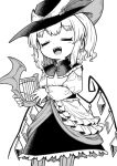  1girl alternate_costume blush closed_eyes facing_viewer fangs flandre_scarlet greyscale harp highres holding holding_instrument instrument long_sleeves monochrome music oninamako open_mouth playing_instrument short_ponytail side_ponytail smile solo teeth touhou upper_teeth_only wings 