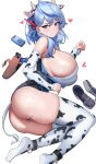  1girl absurdres ako_(blue_archive) alternate_costume animal_ears ass blue_archive blue_eyes blue_hair blush breasts condom condom_wrapper cow_ears cow_horns cow_print_gloves cow_print_thighhighs cow_tail dishui_tangni elbow_gloves fake_animal_ears fake_horns fake_tail fingerless_gloves gloves heart highres holstered horns huge_breasts looking_at_viewer looking_to_the_side shoes sideboob simple_background solo tail unworn_shoes white_background 
