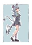  1girl animal_ears black_footwear bow breasts capelet dowsing_rod dress full_body gem grey_dress grey_hair gyouza_(mhea5724) highres holding jewelry long_sleeves looking_at_viewer medium_breasts mouse_ears mouse_girl nazrin necklace red_eyes short_hair socks tail tail_bow tail_ornament touhou white_socks 