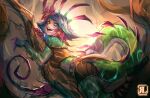  1girl :d artist_name bare_shoulders belt blue_hair branch brown_shorts colored_skin crop_top fangs flower foot_up freckles from_side green_hair green_skin hair_flower hair_ornament highres league_of_legends lying neeko_(league_of_legends) on_stomach open_mouth orange_tank_top pink_flower reagan_long shorts smile solo swept_bangs tail tank_top teeth 